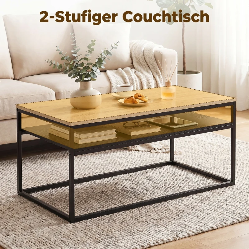 HOMCOM Salontafel met Opbergruimte, modern industrieel, 2 planken & verstelbare poten, eiken