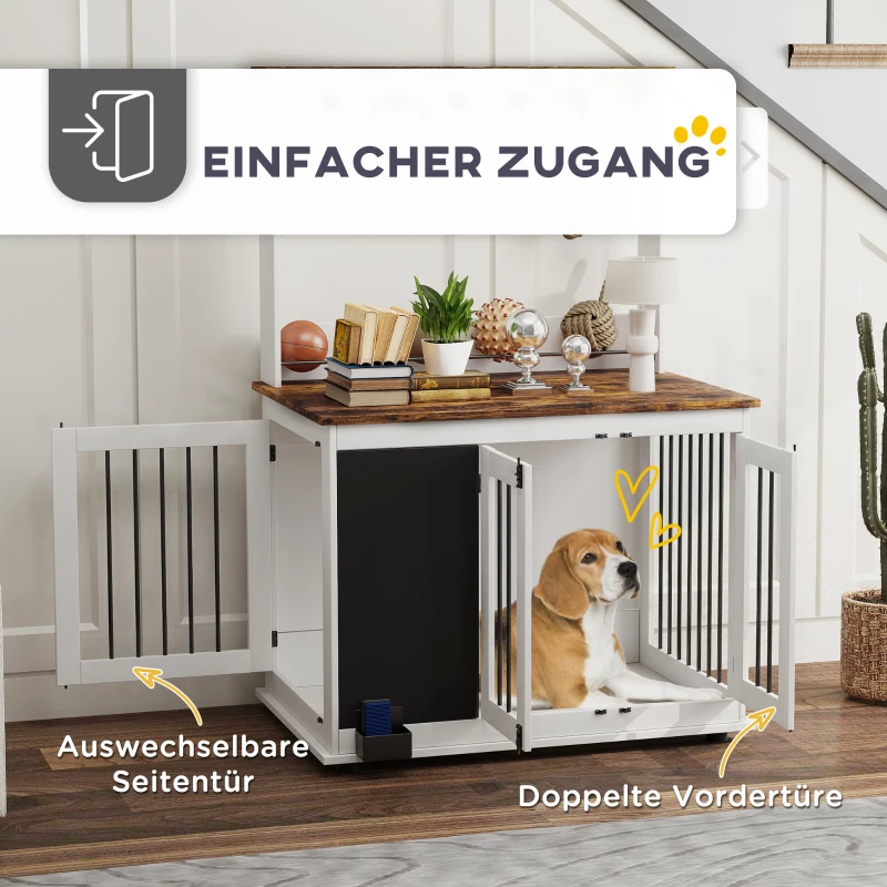 PawHut Hondenkooi voor thuis, hondenbox met 3 deuren, opbergrek voor speelgoed, hondenhuis met haken, krijtbord en gum, geschikt voor grote honden, wit(m-6)