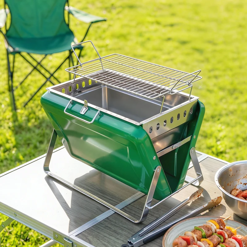 Outsunny Barbecue au charbon bois pliable, barbecue portable, poignée et pieds repliables, pour jardin, terrasse, camping, vert