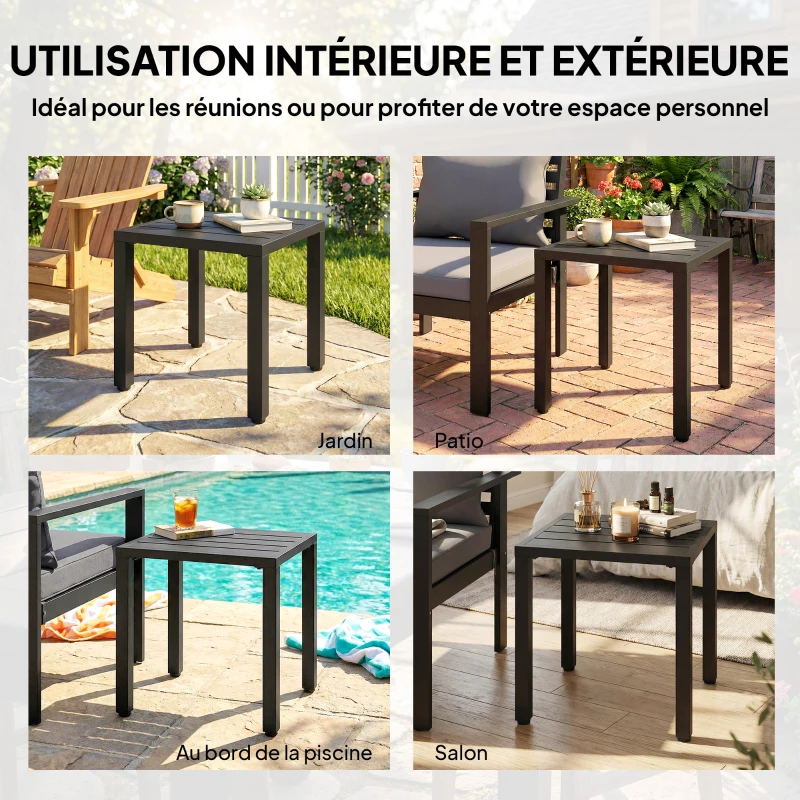 Outsunny Table de jardin carrée, table de terrasse, cadre en métal, intérieur et extérieur, pour balcon, porche, patio, noir