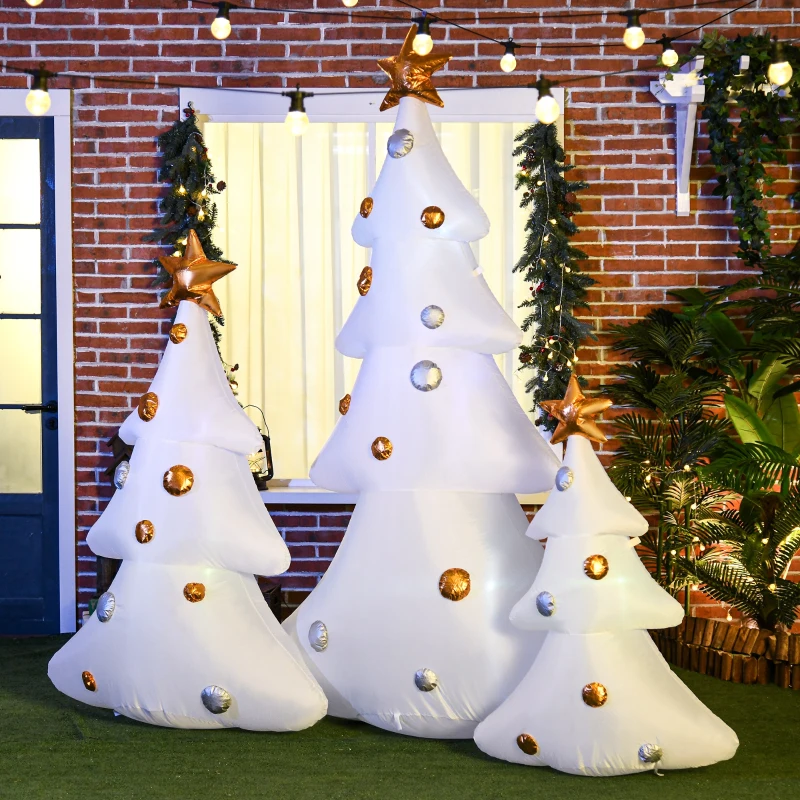 HOMCOM Set van 3 opblaasbare kerstbomen, inclusief blazer, voor binnen en buiten, inclusief bevestigingsmateriaal, wit+goud