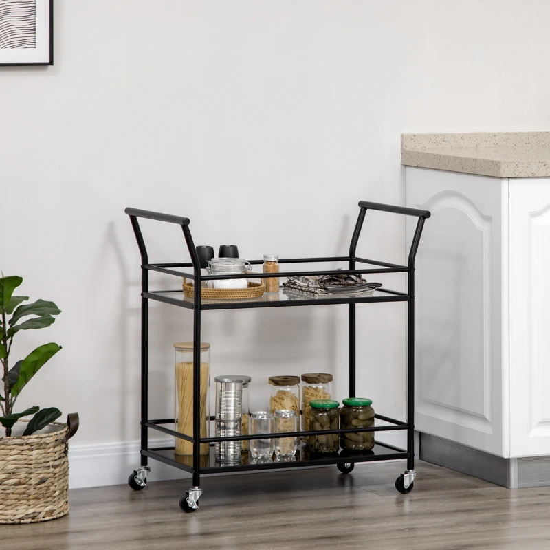 HOMCOM keukenwagen, trolley met 2 schappen, serveerwagen, trolley, zwart