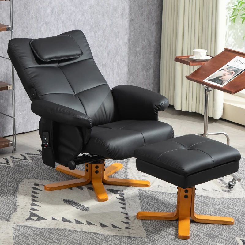 HOMCOM Relaxfauteuil met voetenbank, 360° draaibare loungestoel met kneed- en vibratiemassage, ligfunctie, massagestoel met USB- en USB-C-aansluitingen, zijvak, kunstleer zwart