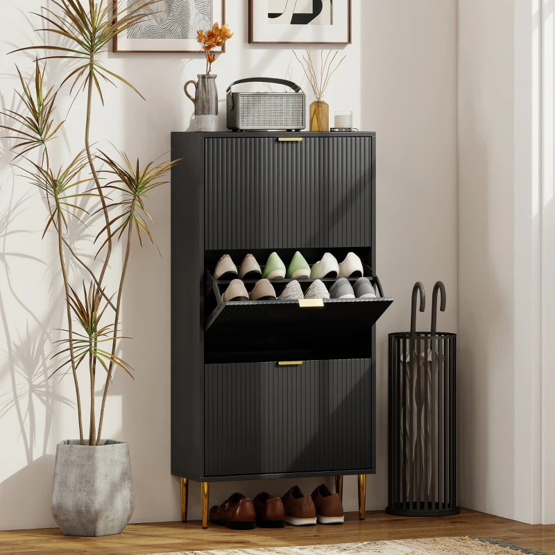 HOMCOM Meuble à chaussures 18 paires avec 3 tiroirs rabattables, portes cannelées et étagères réglables, 60x24x122,5cm, noir