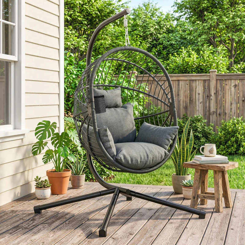 Outsunny Fauteuil œuf suspendu, chaise hamac balançoire intérieur et extérieur, panier pliable, coussin rembourré, gris