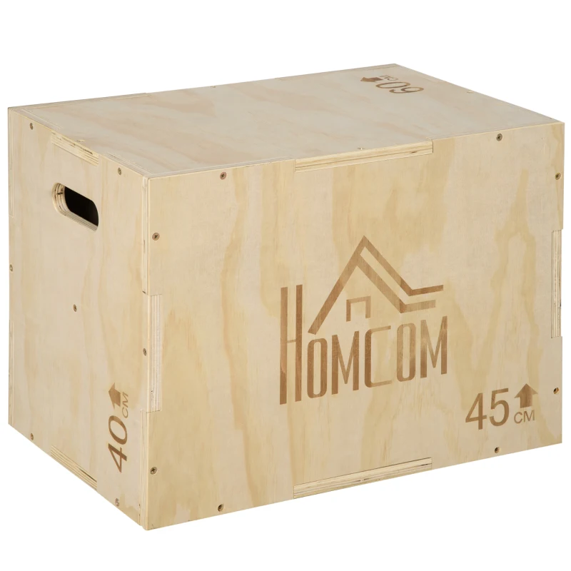HOMCOM Plyo Box, Houten Springbox, Plyometrische Platform met Handgreep voor Thuis, 45 x 40 x 60 cm, Natuurlijk Hout
