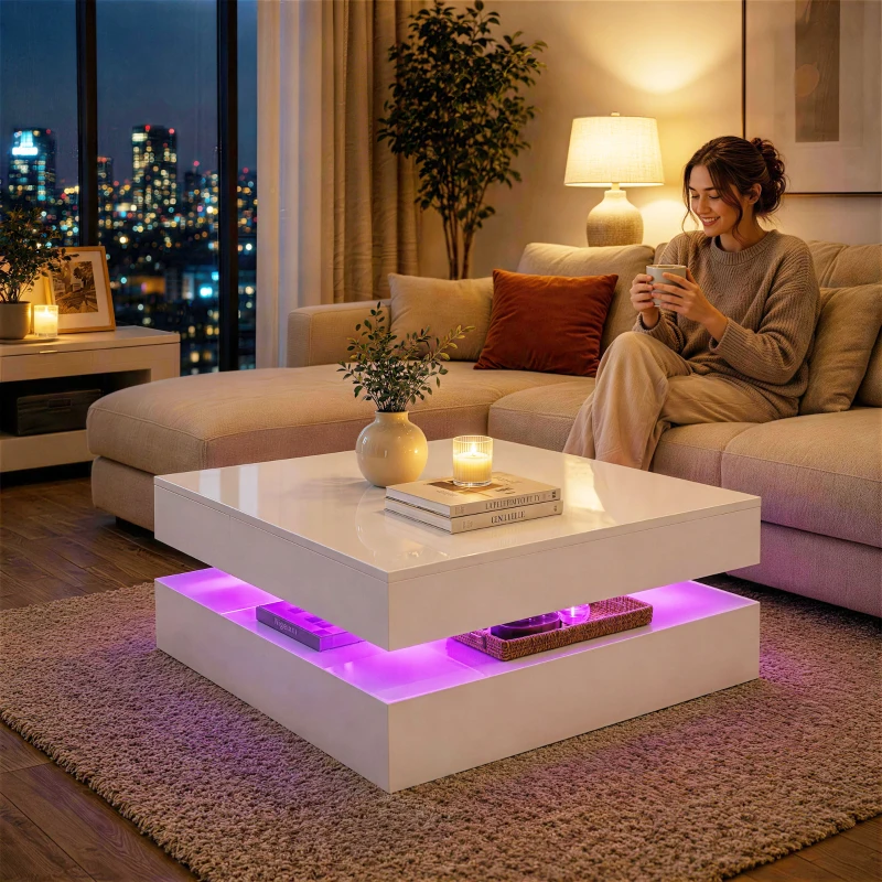 HOMCOM LED-salontafel met opbergruimte, 2-laags modern tafelontwerp met open plank en afstandsbediening, hoogglans wit