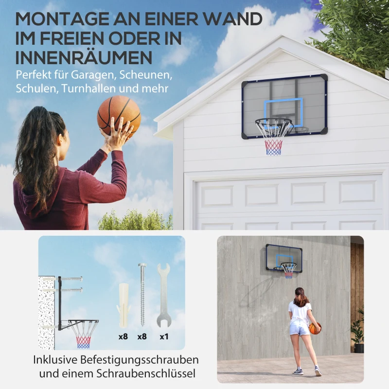 SPORTNOW basketbalhoepel, universele wandhouder, scheurbestendig net, roestvrijstalen frame, 113 x 61 x 73 cm