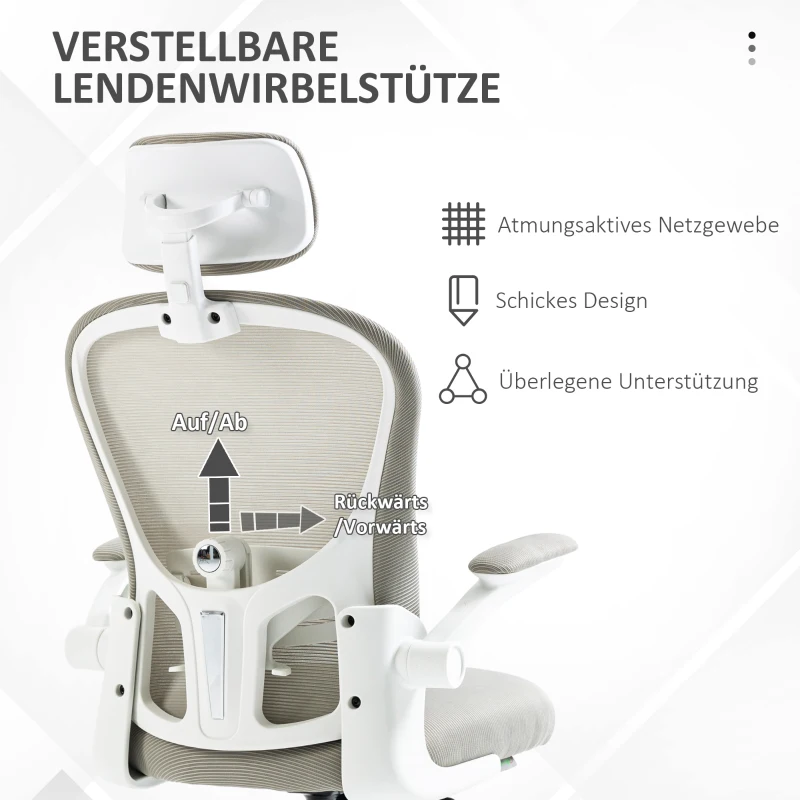 Vinsetto Bürostuhl, drehbares Kopfteil, höhenverstellbar, Nierenpolster, atmungsaktiver Bezug, bis 120kg, Grau