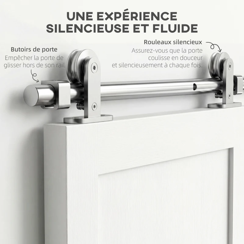 HOMCOM 152CM Quincaillerie porte coulissante de grange, rail porte coulissante de 76 cm de large, épaisseur 30 mm, argenté