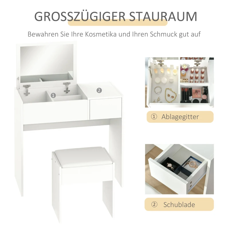 HOMCOM Make-uptafel met kruk toilettafel kaptafel inklapbare spiegel wit
