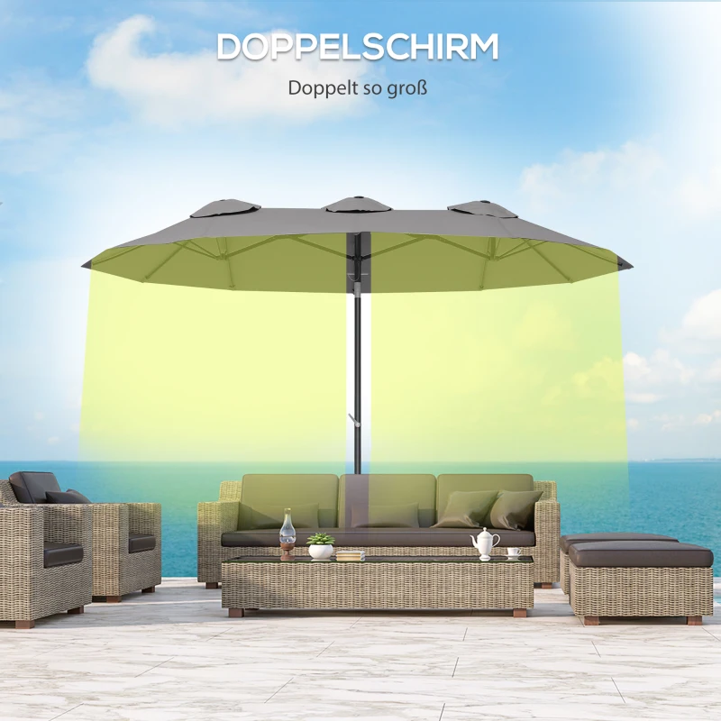 Outsunny parasol, tuinparasol, kantelbaar, met handslinger, winddak, polyester+staal, grijs, 285 x 147 cm