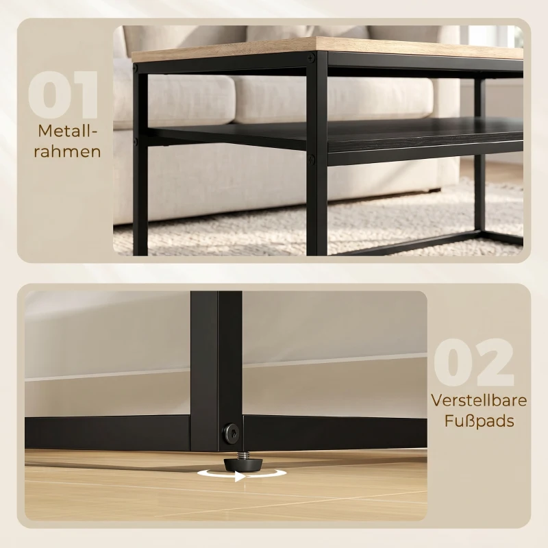 HOMCOM Salontafel met Opbergruimte, modern industrieel, 2 planken & verstelbare poten, eiken