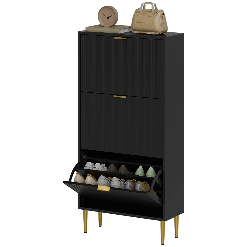 HOMCOM Meuble à chaussures 18 paires avec 3 tiroirs rabattables, portes cannelées et étagères réglables, 60x24x122,5cm, noir