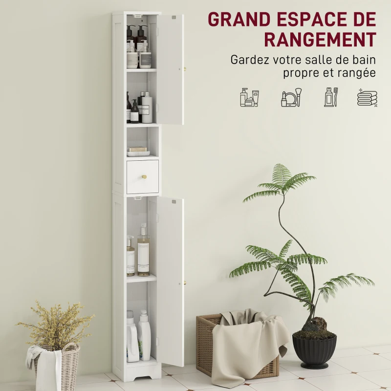 HOMCOM Meuble colonne salle de bain, meuble de rangement, 2 portes, tiroir, compartiment ouvert, étagère réglable, blanc