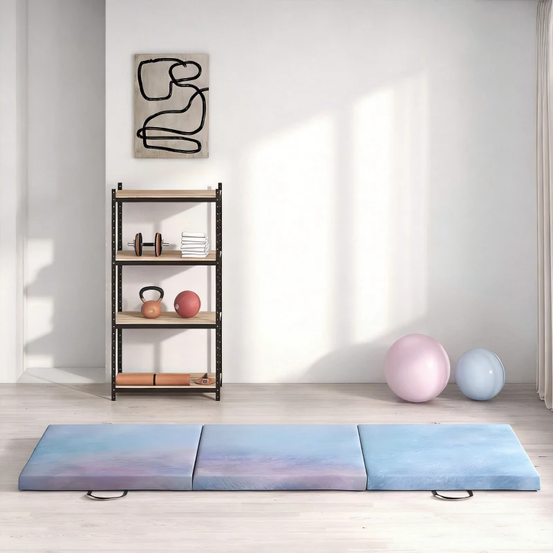 HOMCOM Tapis de gymnastique yoga pilates fitness pliable en 3 panneaux avec poignées revêtement synthétique 180 x 60 x 5cm bleu