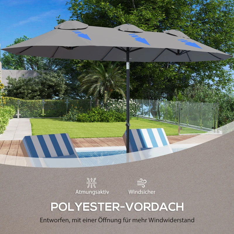 Outsunny parasol, tuinparasol, kantelbaar, met handslinger, winddak, polyester+staal, grijs, 285 x 147 cm