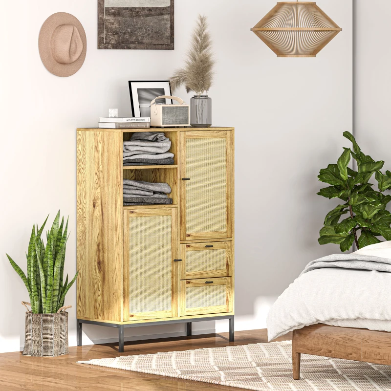 HOMCOM Aufbewahrungsschrank, Flexible Kommode mit Rattan-Türen, Schubladen und verstellbaren Regalen, 80B x 40T x 120H cm