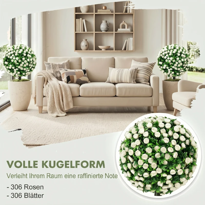 HOMCOM Kunstrozenbollen UV-bestendig voor buiten, set van 2 rozenbomen, 55 cm, wit