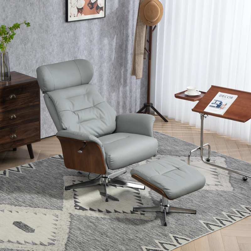 HOMCOM Relaxsessel mit Hocker, Liegefunktion, drehbar, Lederoptik, bis 150 kg, Hellgrau