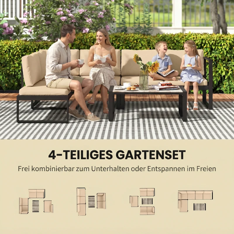 Outsunny 4-delige tuinmeubelset, sofaset met 2 tweezitsbanken, stoel zonder armleuningen en salontafel, voor balkon, khaki