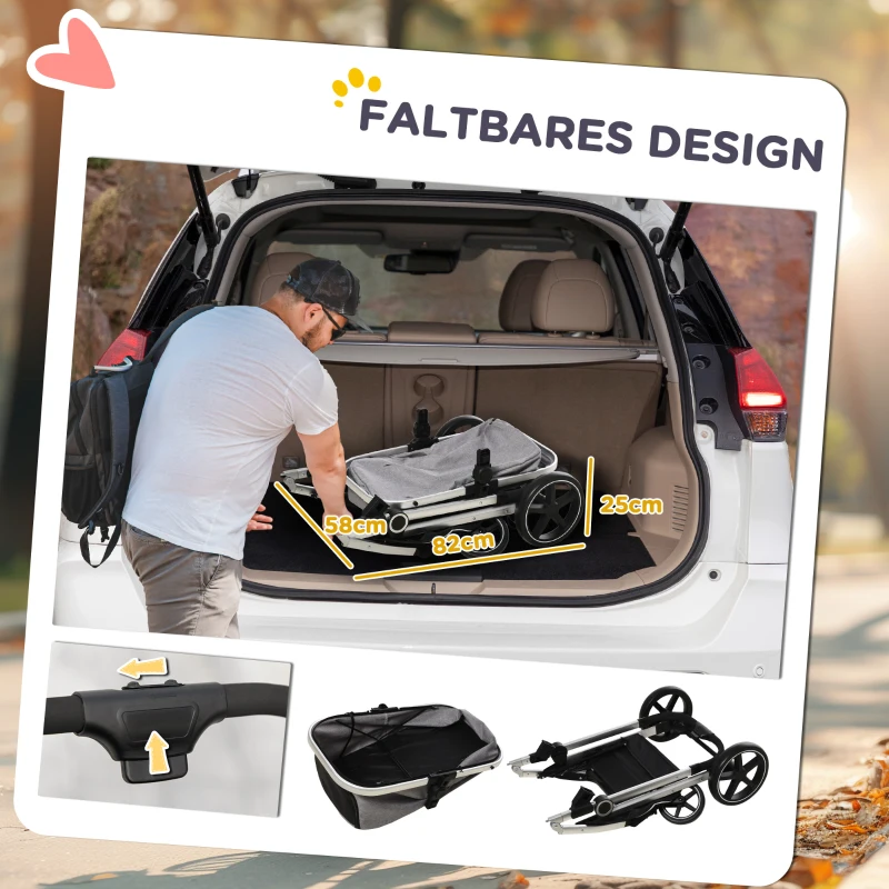 PawHut hondenkar, 2-in-1 hondenwagen, draagtas, opvouwbare hondenbuggy, grijs