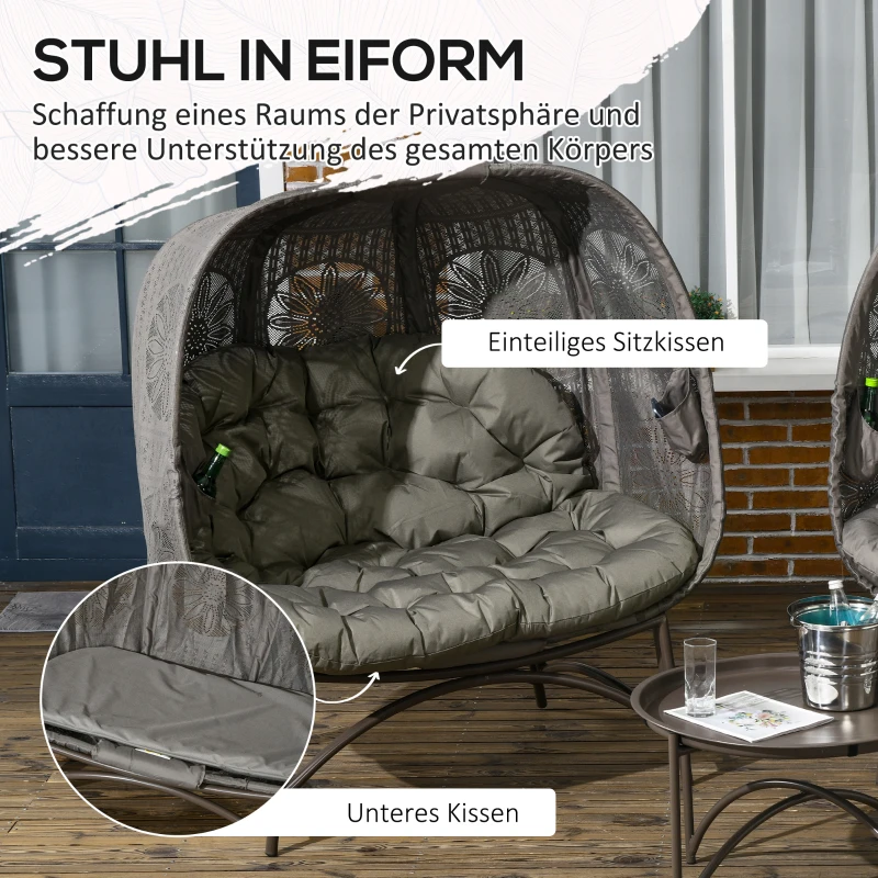 Outsunny Tuinmeubelset, 2 rieten stoelen met bijzettafel, inklapbaar, zitkussens, metalen frame, kleur: zand