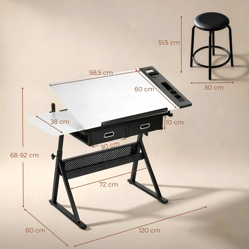 HOMCOM Verstelbare Tekentafel, Werktafel met Kruk en Lades, Wit