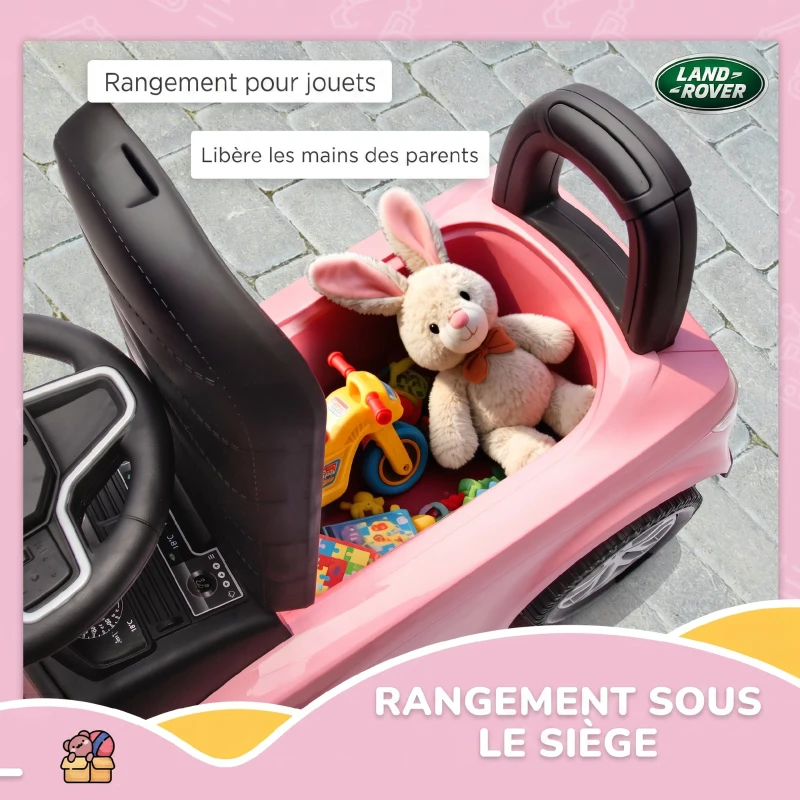 AIYAPLAY Porteur enfants voiture sous licence Land Rover, véhicule à pousser, klaxon, sons de moteur, rangement sous siège, rose