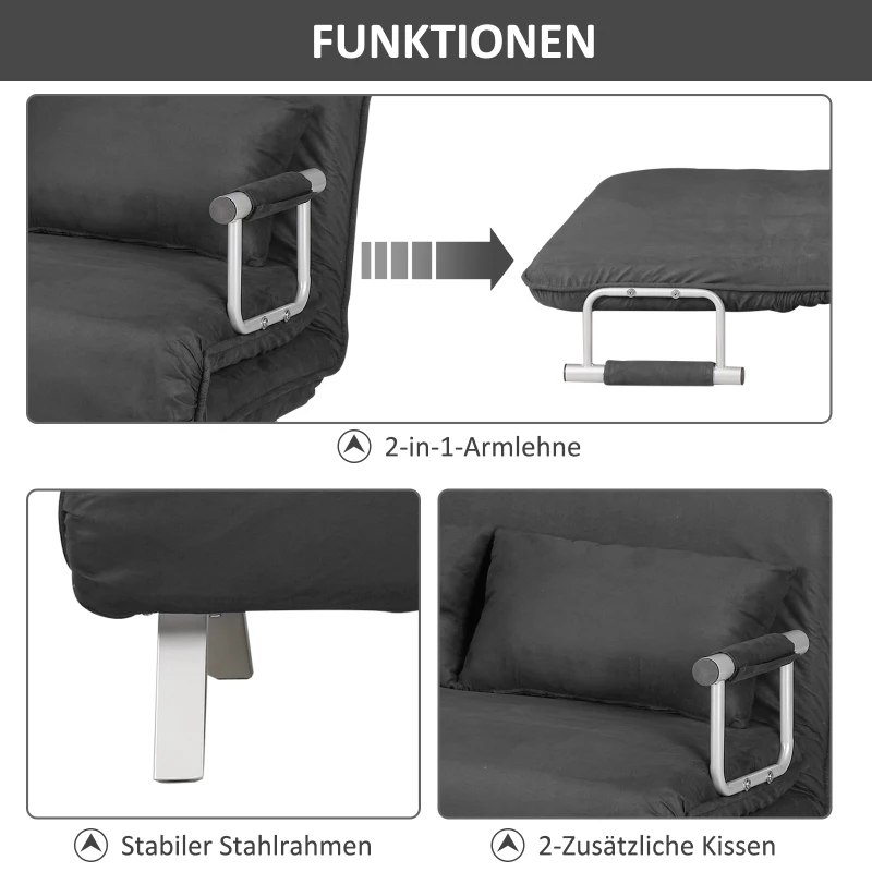 HOMCOM Tweepersoonsbank fauteuil armleuning opklapbed logeerbed chaise longue 3-in-1 grijs(m-5)