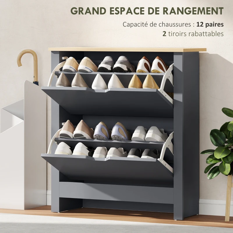 HOMCOM Meuble à chaussures 12 paires, armoire à chaussures étroite avec 2 tiroirs rabattables et étagères réglables, gris foncé