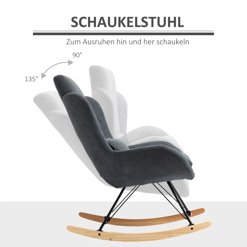 HOMCOM Schommelstoel ligstoel leesstoel 90-135 ° schommel linnen rubber hout donkergrijs
