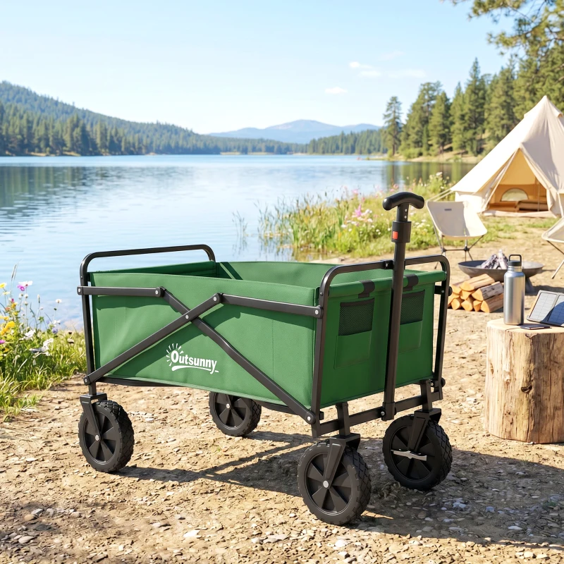 Outsunny Chariot à roulettes pliable chariot de transport à roulettes charge 40 kg poignée ajustable 83 x 50 x 99 cm vert foncé