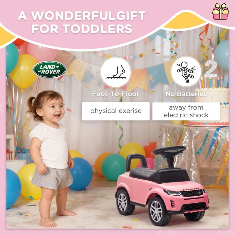 AIYAPLAY Porteur enfants voiture sous licence Land Rover, véhicule à pousser, klaxon, sons de moteur, rangement sous siège, rose