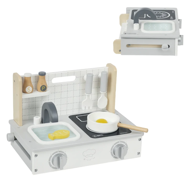 AIYAPLAY houten kinderkeuken speelkeuken met etenswaren, spoelbak & accessoires speelgoedkeuken poppenkeuken speelset voor kinderen cadeau voor meisjes en jongens 3-5 jaar grijs