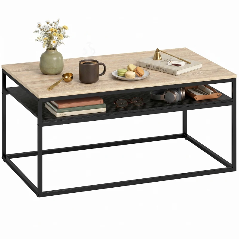HOMCOM Salontafel met Opbergruimte, modern industrieel, 2 planken & verstelbare poten, eiken