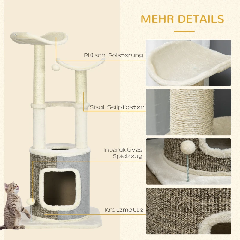 PawHut kattenboom met kattengrot, twee platforms, twee krabpalen, pluche hoes, roomwit, 48 x 48 x 110 cm