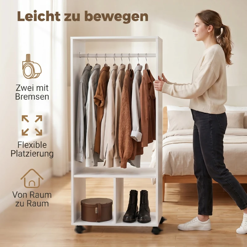 HOMCOM Mobiele garderobekast kledingkast voor slaapkamer wit