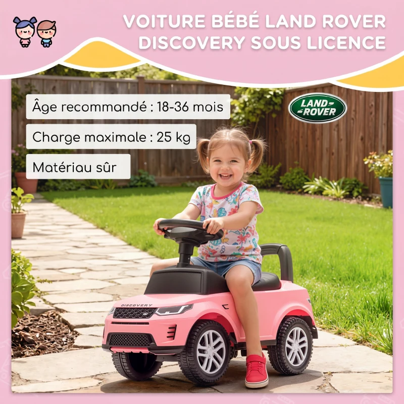 AIYAPLAY Porteur enfants voiture sous licence Land Rover, véhicule à pousser, klaxon, sons de moteur, rangement sous siège, rose