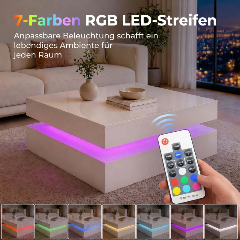 HOMCOM LED-salontafel met opbergruimte, 2-laags modern tafelontwerp met open plank en afstandsbediening, hoogglans wit