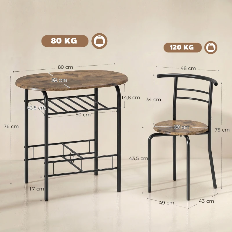 HOMCOM Eettafelset 3-delig, keukentafel met stoelen voor 2 personen en opbergrek, woonkamer rustiek bruin