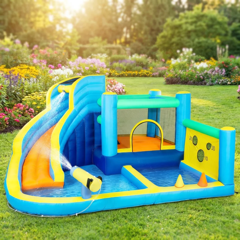 AIYAPLAY Château gonflable avec souffleur 8 en 1, parc aquatique, toboggan, trampoline, piscine à balles, oxford, multicolore