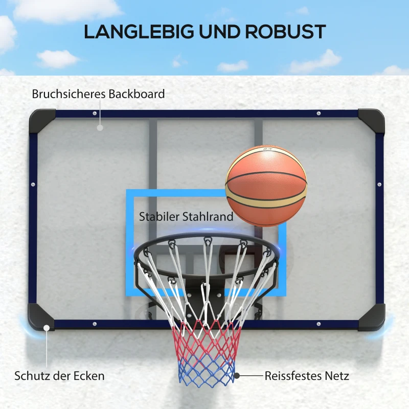 SPORTNOW basketbalhoepel, universele wandhouder, scheurbestendig net, roestvrijstalen frame, 113 x 61 x 73 cm