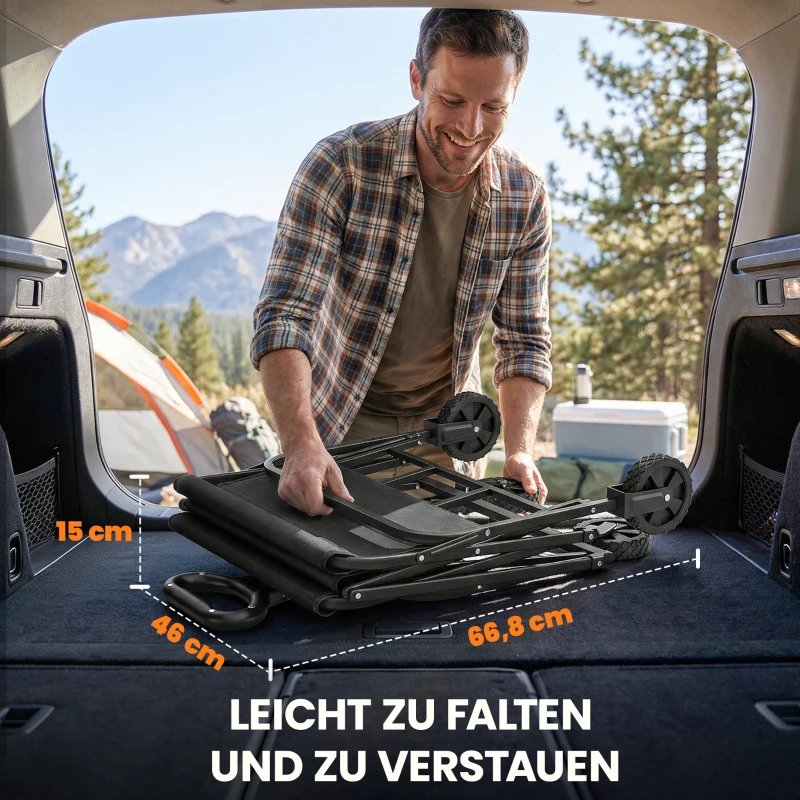 Outsunny Bolderkar Opvouwbare Transportkar met Verstelbare Handgreephoogte tot 68 kg Draagcapaciteit voor Sport Winkelen Camping Zwart