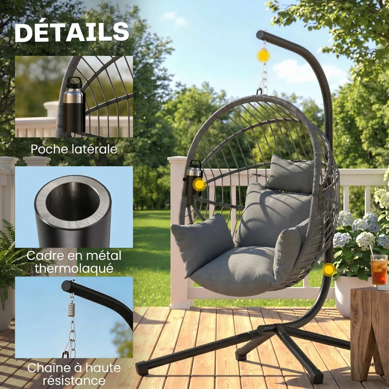 Outsunny Fauteuil œuf suspendu, chaise hamac balançoire intérieur et extérieur, panier pliable, coussin rembourré, gris