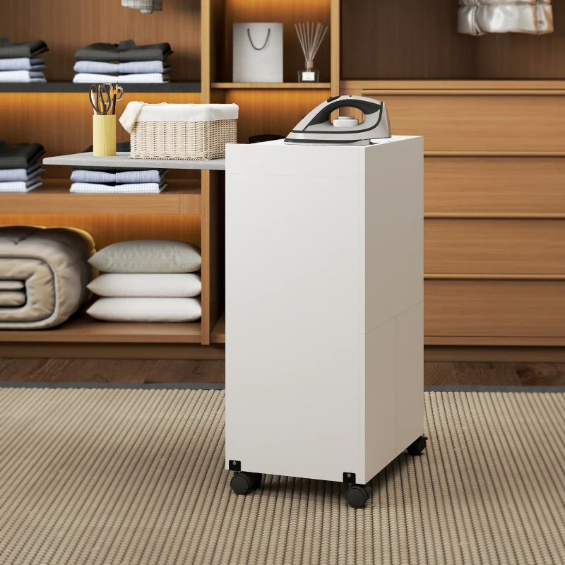 HOMCOM Meuble à repasser, table à repasser pliante sur roulettes avec portes par pression, charnières à fermeture douce, blanc