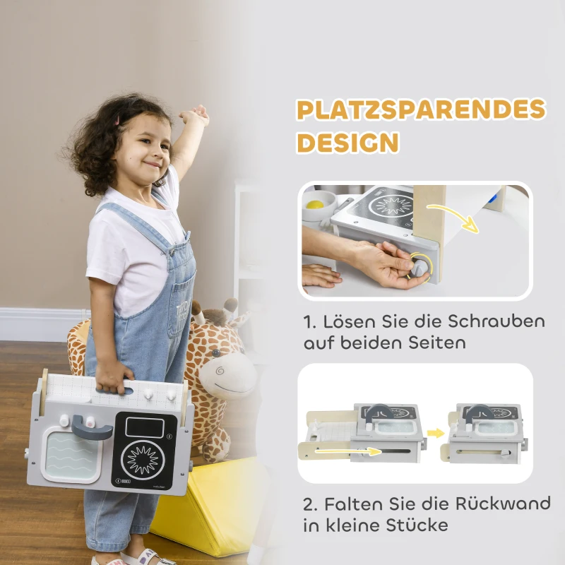 AIYAPLAY houten kinderkeuken speelkeuken met etenswaren, spoelbak & accessoires speelgoedkeuken poppenkeuken speelset voor kinderen cadeau voor meisjes en jongens 3-5 jaar grijs