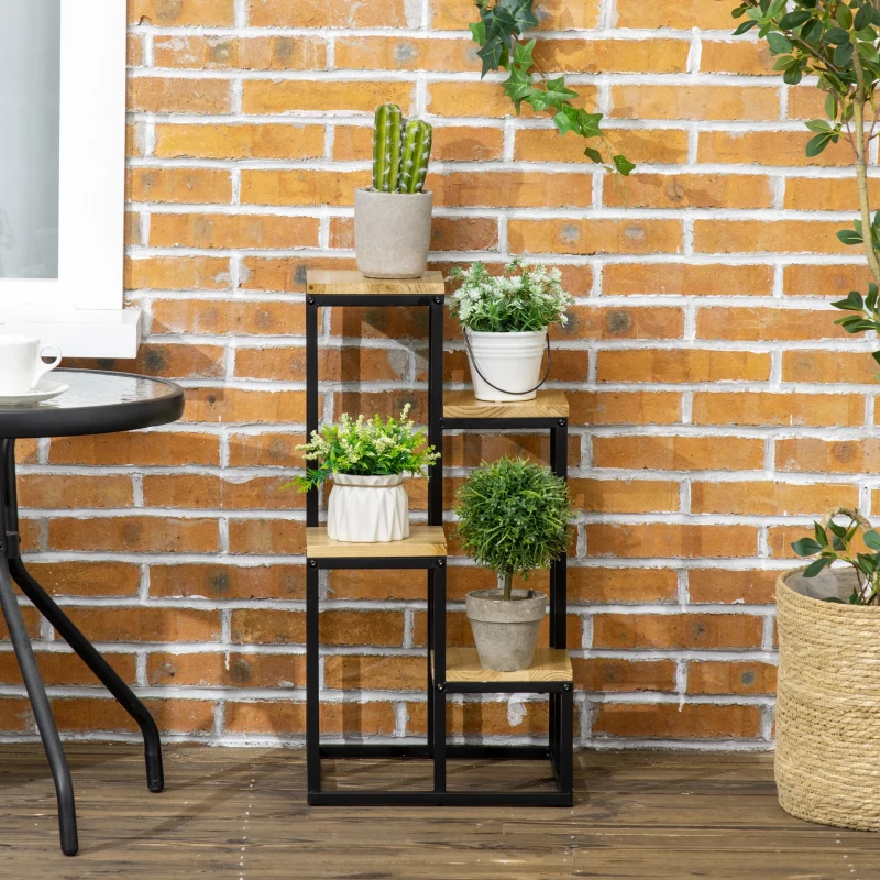 Outsunny plantenrek, bloementrap met 4 niveaus, plantenstandaard op meerdere niveaus, plantenstandaard voor tuin, balkon, hout, naturel, 34 x 34 x 66 cm