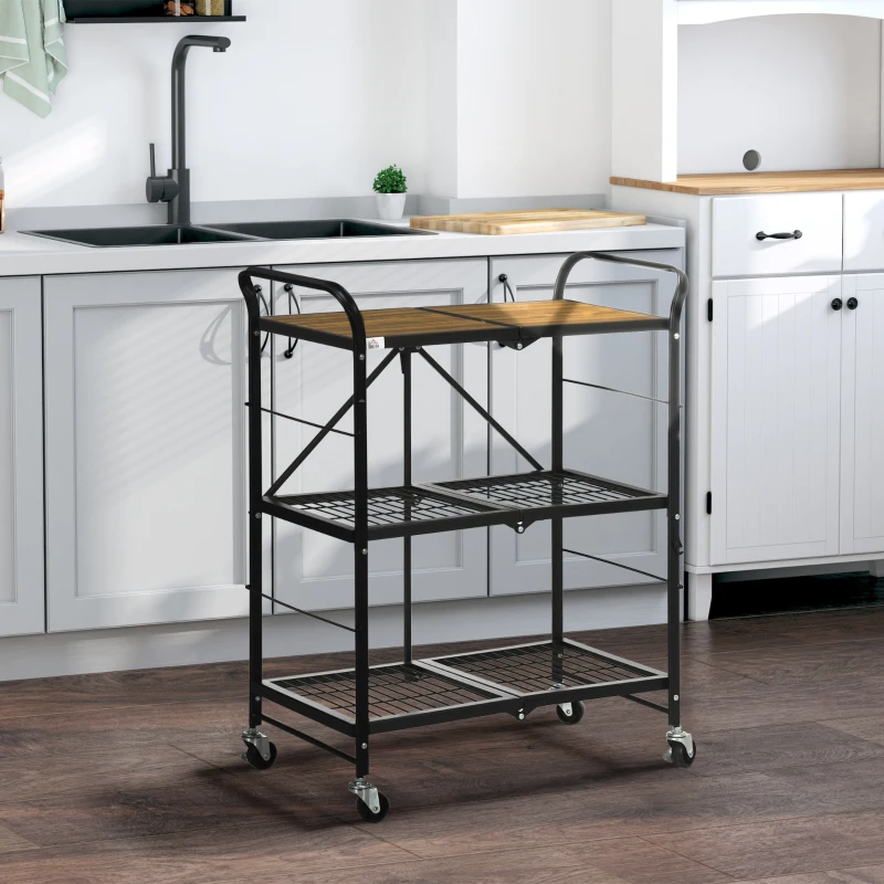HOMCOM Keukenwagen in industrieel design met 3 schappen, multifunctionele trolley, serveerwagen, 4 wielen, opvouwbaar, bruin+zwart