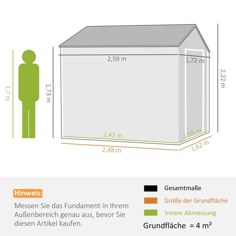 Outsunny Tuinhuis, metalen opbergschuur, dubbele deur, raam, 259x172x222 cm, grijs/wit(m-3)